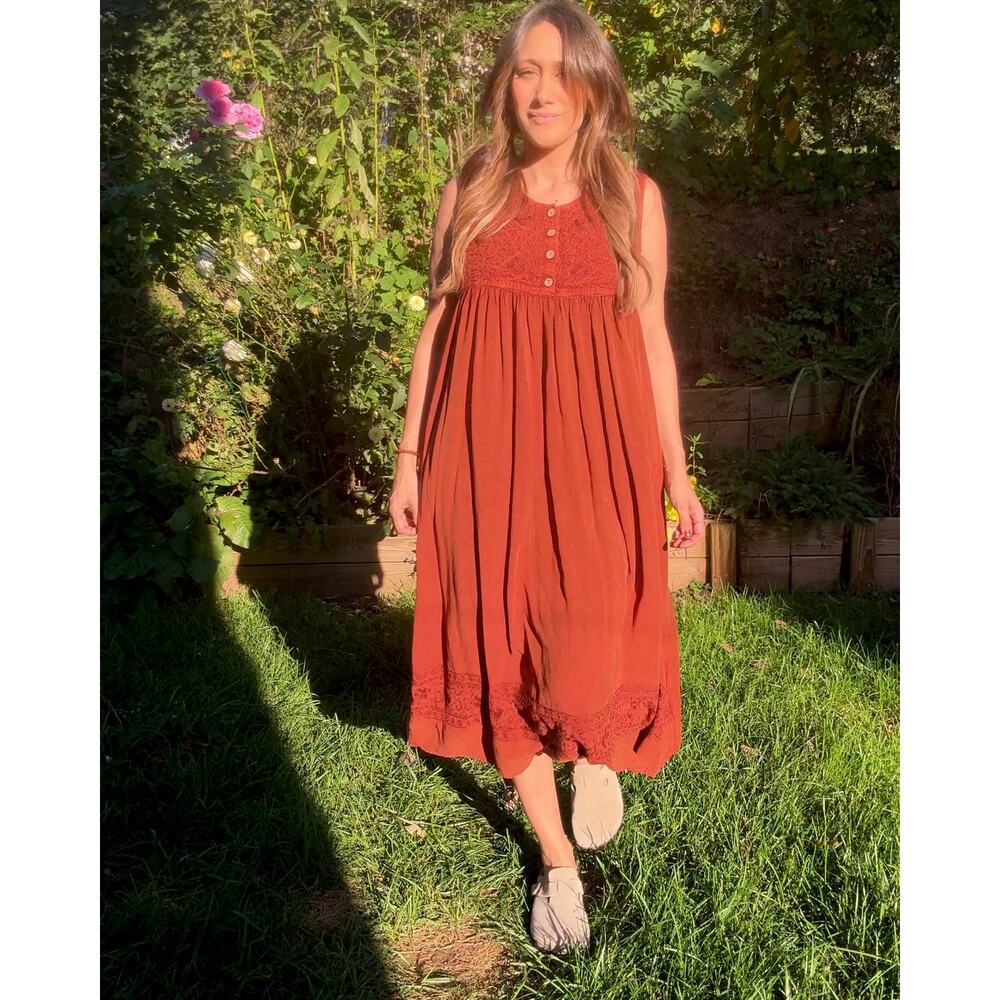 Rust Embroidered Cotton Midi — Vintage India Import / Modern Folk Dress